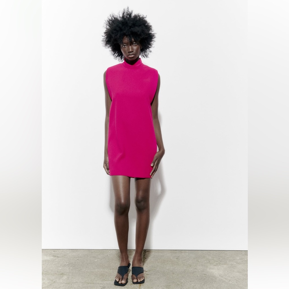 Zara SHOULDER PADS SHORT DRESS. Neon Fuchsia. Size S. New with Tags.